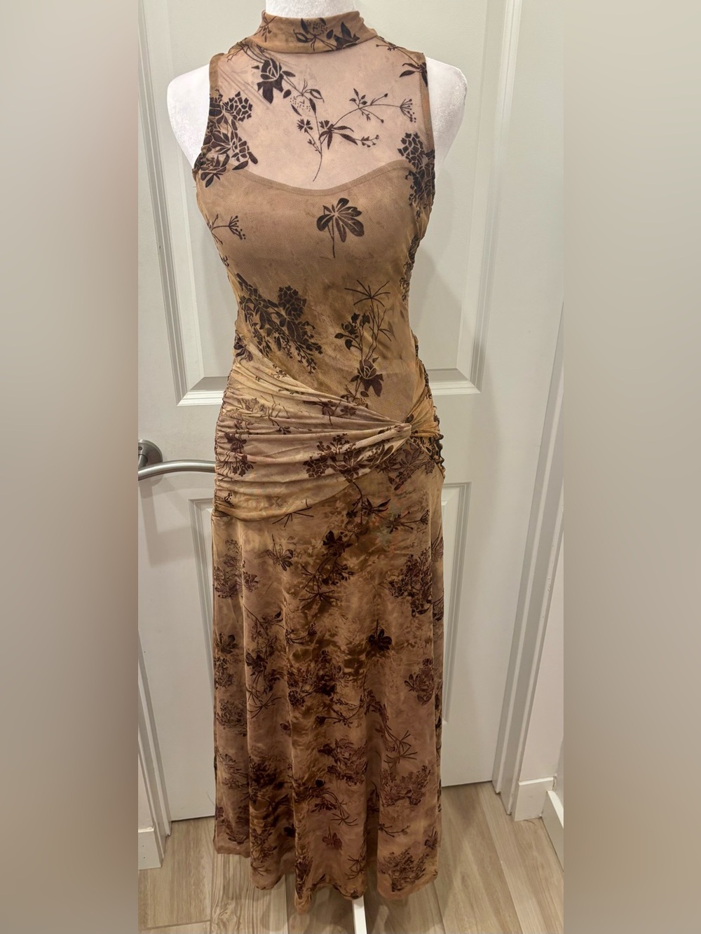 NWT Thirty Thirty rusched asymmetrical brown sheer velvet burnout maxi - L